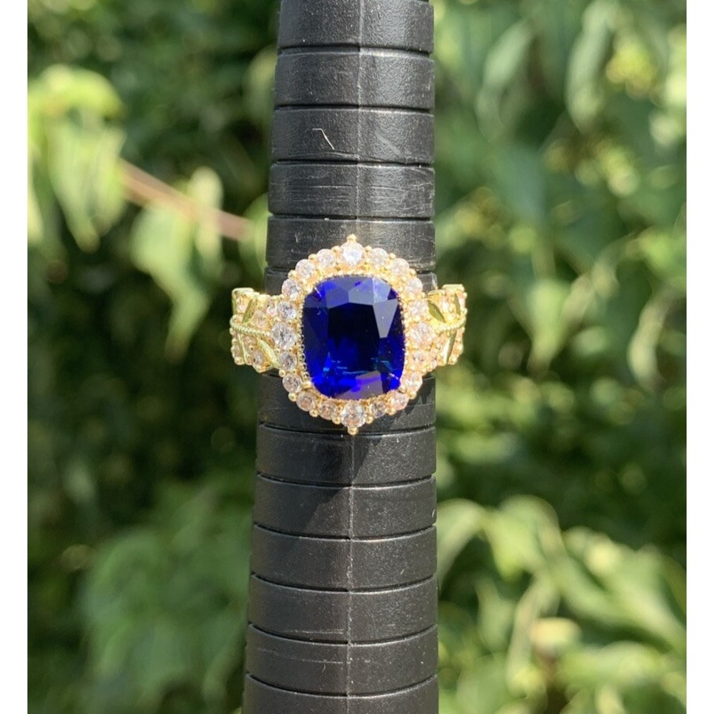 Blue Crystal Faux Diamond Gold Tone Cocktail Ring Size 7 Cathedral Rectangle